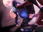  1boy 1girl blonde_hair blue_eyes blush breasts clothed_female_nude_male clothed_sex girls_frontline hetero highres hizaura large_breasts leg_up nude panties panties_removed pantyhose sex short_hair side-tie_panties torn_clothes torn_legwear underwear vaginal vsk-94_(girls_frontline) 