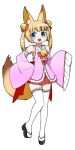  1girl :3 :d animal_ear_fluff animal_ears bangs bare_shoulders bell blonde_hair blue_eyes bow detached_sleeves eyebrows_visible_through_hair fangs fox_ears fox_girl fox_tail frilled_legwear frilled_sleeves frills full_body geta hair_bell hair_bow hair_ornament hairclip highres jingle_bell kemomimi_oukoku_kokuei_housou mikoko_(kemomimi_oukoku_kokuei_housou) miniskirt okunin open_mouth pleated_skirt red_bow red_skirt ribbon-trimmed_legwear ribbon_trim simple_background skirt sleeves_past_fingers sleeves_past_wrists smile solo tail thighhighs twintails virtual_youtuber white_background white_legwear zettai_ryouiki 