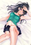  1girl absurdres arm_up armpits bangs bare_arms bare_legs bed bed_sheet black_hair black_skirt breasts collarbone eyebrows_visible_through_hair from_above green_shirt groin hand_over_face highres idolmaster idolmaster_shiny_colors kazano_hiori knee_up light_smile long_hair looking_at_viewer lying mole mole_under_mouth mossan_(mossan-777) navel no_panties on_back on_bed pleated_skirt purple_eyes shirt shirt_lift sidelocks skirt sleeveless small_breasts solo tank_top unfastened 
