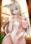  1girl animal_ears bangs blush breasts collarbone completely_nude cowboy_shot eyebrows_visible_through_hair fox_ears hair_censor large_breasts long_hair looking_at_viewer navel nude open_mouth original purple_eyes silver_hair solo towel wet won_(az_hybrid) 