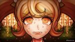  1girl artist_name bangs biting blonde_hair bow brown_eyes commentary_request crying crying_with_eyes_open danganronpa_(series) danganronpa_2:_goodbye_despair face hair_bow komatsuzaki_rui_(style) lip_biting long_hair looking_at_viewer official_style saionji_hiyoko solo sweat tears torimeshi_(shiroichi) twintails what_if 