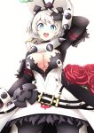  1girl blue_eyes breasts cleavage clover collar elphelt_valentine fingerless_gloves flower four-leaf_clover gloves guilty_gear guilty_gear_xrd highres looking_at_viewer open_mouth rose short_hair spiked_collar spikes user_djym3242 white_hair 