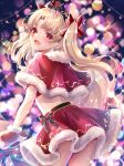  1girl bangs black_headwear blonde_hair blurry bokeh capelet chiachun0621 christmas commentary cowboy_shot depth_of_field ereshkigal_(fate/grand_order) eyebrows_visible_through_hair fate/grand_order fate_(series) from_behind fur-trimmed_capelet fur-trimmed_skirt fur_trim gloves hair_ribbon highres holding holding_sack leaning_forward light_particles long_hair looking_at_viewer looking_away midriff miniskirt open_mouth parted_bangs red_capelet red_eyes red_gloves red_ribbon red_skirt ribbon sack santa_costume santa_gloves skirt smile solo sparkle standing tiara twintails 
