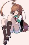  1girl ahoge bangs boots brown_background brown_eyes brown_footwear brown_hair eyebrows_visible_through_hair fang high_heel_boots high_heels huge_ahoge kantai_collection knee_boots kuma_(kantai_collection) long_hair monaka_ooji open_mouth pleated_skirt remodel_(kantai_collection) sailor_collar school_uniform serafuku short_sleeves simple_background sitting skirt solo white_skirt 