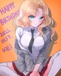  100zi 1girl black_neckwear blazer blonde_hair blouse blue_eyes butterfly_sitting character_name closed_mouth collared_blouse dated dress_shirt english_text eyebrows_visible_through_hair girls_und_panzer grey_jacket hair_intakes happy_birthday highres jacket kay_(girls_und_panzer) long_hair long_sleeves looking_at_viewer miniskirt necktie off_shoulder open_clothes open_jacket orange_background pleated_skirt red_skirt saunders_school_uniform school_uniform shadow shirt sitting skirt sleeves_rolled_up smile solo thighhighs white_blouse white_legwear white_shirt wing_collar 