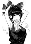  1girl absurdres armpits arms_up breasts commentary_request greyscale hakurei_reimu highres large_breasts looking_at_viewer monochrome mouth_hold sen_(daydream_53) simple_background solo touhou white_background 