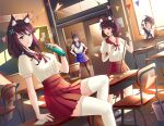  4girls absurdres alternate_costume animal_ear_fluff animal_ears artist_name atago_(azur_lane) azur_lane blue_eyes blue_skirt bottle bow breasts brown_hair chair desk fusou_(azur_lane) highres indoors letter long_hair looking_at_viewer miniskirt mop multiple_girls on_desk one_eye_closed open_mouth pantyhose pleated_skirt ponytail red_eyes red_skirt ryuuneart school_uniform shirt short_sleeves sitting skirt spray_bottle takao_(azur_lane) thighhighs uniform white_bow white_legwear white_shirt yamashiro_(azur_lane) yellow_eyes 