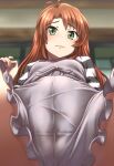  1girl antenna_hair bangs blurry blurry_background blush breasts brown_hair closed_mouth commentary_request depth_of_field eyebrows_visible_through_hair frilled_shorts frills from_below green_eyes grey_shirt grey_shorts hand_up highres jacket kobamiso_(kobalt) koshigaya_komari long_hair looking_at_viewer non_non_biyori open_clothes open_jacket parted_bangs shirt short_shorts shorts small_breasts solo spread_legs striped_jacket wavy_mouth 