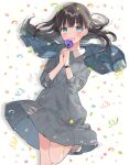  1girl :d anemone_project bangs blue_eyes blunt_bangs brown_hair collared_dress commentary_request confetti dress eyebrows_visible_through_hair flower grey_dress hair_ornament hairclip hands_together hands_up highres holding holding_flower jacket jacket_on_shoulders leg_up long_hair looking_at_viewer manio moroboshi_tsukina open_mouth pocket purple_flower smile solo unmoving_pattern upper_teeth virtual_youtuber watch white_footwear wristwatch x_hair_ornament 