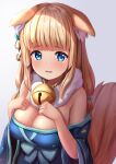  1girl animal_ears azur_lane bangs bare_shoulders bell blonde_hair blue_eyes blue_kimono blunt_bangs blush breasts cleavage clenched_hands commentary_request ears_down eyebrows_visible_through_hair flower fox_ears fox_tail hair_flower hair_ornament hands_on_own_chest japanese_clothes jingle_bell kimono large_breasts long_hair looking_at_viewer manda_(manda9n) multiple_tails neck_bell niizuki_(azur_lane) obi off-shoulder_kimono parted_lips sash sidelocks simple_background solo standing tail tears thick_eyebrows upper_body white_background wide_sleeves 