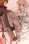  1boy 1girl bare_shoulders blonde_hair blush breasts cape cleavage feathers flower furrowed_eyebrows gauntlets genshin_impact gloves hair_between_eyes hair_feathers hair_flower hair_ornament long_sleeves looking_at_another lumine_(genshin_impact) on_bed orange_hair rome_romedo sexually_suggestive short_hair sweatdrop tartaglia_(genshin_impact) yellow_eyes 