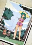  1980s_(style) 1girl absurdres alpha_(dream_hunter_rem) arms_behind_back ayanokouji_rem bangs beta_(dream_hunter_rem) blue_eyes cat day dog dream_hunter_rem green_hair hat highres holding_hose hose laughing long_hair looking_at_viewer midriff mouri_kazuaki official_art outdoors photo_(object) retro_artstyle sandals scan short_shorts shorts signature standing sun_hat water wet 