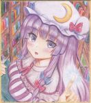  1girl bangs blue_bow blunt_bangs blush bookshelf bow breasts colored_pencil_(medium) commentary_request crescent_hat_ornament eyebrows_visible_through_hair hair_bow hair_ribbon hat highres index_finger_raised large_breasts library looking_at_viewer luke_(kyeftss) mob_cap patchouli_knowledge purple_eyes purple_hair red_bow red_neckwear ribbon shikishi solo the_embodiment_of_scarlet_devil touhou traditional_media tress_ribbon upper_body voile white_headwear 