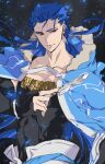  1boy alternate_weapon blue_hair bracelet capelet closed_mouth cu_chulainn_(fate)_(all) cu_chulainn_(fate/grand_order) earrings fate/grand_order fate_(series) floating_hair fur-trimmed_hood fur_trim hood hood_down hooded_capelet iz_izhara jewelry knife long_hair male_focus muscular red_eyes skin_tight solo spiked_hair type-moon weapon 