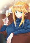  1girl absurdres ahoge alcohol aqua_nails artoria_pendragon_(all) artoria_pendragon_(lancer) blonde_hair blue_sweater blurry bokeh braid champagne commentary_request crown_braid cup depth_of_field drinking_glass earrings elbow_rest eyebrows_visible_through_hair eyes_visible_through_hair fate/grand_order fate_(series) glint green_eyes highres holding holding_cup jewelry koujiro_(kouziro_1) light_smile long_sleeves necklace ribbed_sweater short_hair sidelocks sitting solo sweater turtleneck turtleneck_sweater twintails 
