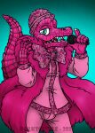  anthro blue_eyes bow_tie clothing crocodile crocodile_(masked_singer) crocodilian crocodylid fur_coat hat headgear headwear hi_res male masked_singer microphone pink_body pink_scales polkscastle reptile scales scalie smile solo sparkles suit 