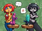  anthro big_breasts black_eyes black_hair blush bodily_fluids bovid bow_tie breasts caprine clothed clothing cross-popping_vein crossed_arms dildo duo female fur green_background gummuru hair half-closed_eyes horn lammy_lamb mammal narrowed_eyes parappa_the_rapper purple_eyes rammy red_hair sex_toy sheep simple_background sony_corporation sony_interactive_entertainment sr standing sweat teeth thick_thighs um_jammer_lammy vein veiny_dildo video_games wide_hips 