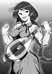  1girl :d absurdres chain commentary_request greyscale highres long_hair looking_to_the_side monochrome musical_note open_mouth sen_(daydream_53) smile solo touhou tsukumo_benben very_long_hair 