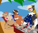  anthro apron australian_flag barbecue_grill beach big_breasts bikini breasts clothed clothing dasyuromorph digital_media_(artwork) female fur group hair kangaroo macropod mammal marsupial open_mouth outside seaside skimpy smile suirano swimwear thylacine 