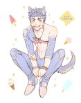  1boy animal_ears blue_hair bodypaint bracelet crescent_necklace cu_chulainn_(fate)_(all) detached_sleeves dog_ears dog_tail earrings fang fate/grand_order fate_(series) food full_body ice_cream jewelry lancer leaning_forward male_focus mog_pero open_mouth pants popsicle shirtless sitting smile solo sparkle sparkling_eyes spiked_hair strap tail type-moon yellow_eyes 