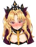  1girl agnamore areola_slip areolae bangs black_dress blonde_hair blush breasts brown_cape brown_ribbon cape closed_mouth commentary_request cropped_torso downblouse dress ereshkigal_(fate/grand_order) eyebrows_visible_through_hair fate/grand_order fate_(series) hair_between_eyes hair_ribbon highres hood hood_down hooded_cape long_hair looking_at_viewer nose_blush parted_bangs red_eyes ribbon simple_background skull small_breasts solo spine tiara two_side_up upper_body wavy_mouth white_background 
