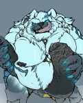  absurd_res anthro big_penis bodily_fluids chubby_anthro chubby_male claws ear_piercing ear_ring fur genital_fluids genitals hi_res league_of_legends male mammal moobs nipples penis piercing polar_bear precum riot_games solo soulasexypanda tongue ursid ursine video_games volibear wet 