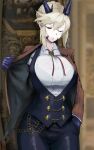  1girl alternate_costume arqodeon artoria_pendragon_(all) artoria_pendragon_(lancer_alter) bangs blue_gloves blue_pants bra_through_clothes braid breasts brown_coat coat collared_shirt crown_braid fate/grand_order fate_(series) gloves hand_in_pocket horns large_breasts one_eye_closed open_clothes open_coat pants platinum_blonde_hair red_neckwear see-through shirt sidelocks vest white_shirt yellow_eyes 