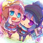  2girls :d bangs beanie black_headwear blue_eyes blue_hair blush boots brown_footwear cellphone chibi commentary eyebrows_visible_through_hair fingerless_gloves foreshortening from_above full_body gloves hair_between_eyes hat holding holding_phone kagamihara_nadeshiko knee_boots long_hair long_sleeves looking_at_viewer looking_up multiple_girls open_mouth pantyhose phone pink_coat pink_hair purple_eyes scarf self_shot shima_rin sidelocks smartphone smile standing striped striped_scarf suntail tent winter_clothes yellow_gloves yurucamp 