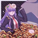  1girl bangs black_gloves black_ribbon blunt_bangs braid breasts commentary danganronpa:_trigger_happy_havoc danganronpa_(series) donutous eyebrows_visible_through_hair food food_on_head frown gloves hair_ribbon hand_up in_water jacket kirigiri_kyouko knee_up large_breasts long_hair long_sleeves looking_at_viewer necktie noodles object_on_head open_clothes open_jacket oversized_object purple_eyes purple_hair ramen red_neckwear ribbon school_uniform single_braid skirt smile solo upper_body 