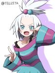  1girl baggy_clothes blue_eyes blush bra_strap dress emapippi fang forehead freckles gym_leader hair_bobbles hair_ornament hand_gesture highres looking_at_viewer loose_clothes pokemon pokemon_(game) pokemon_bw2 redrawn roxie_(pokemon) shadow smile solo standing strapless strapless_dress striped striped_dress teru_zeta topknot white_background white_hair 
