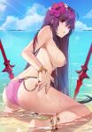  1girl anklet ass back bikini blue_sky bracelet breasts cloud damda fate/grand_order fate_(series) flower hair_flower hair_intakes hair_ornament hibiscus horizon jewelry large_breasts long_hair looking_back nipples ocean outdoors partially_submerged pink_bikini purple_bikini purple_hair red_eyes scathach_(fate)_(all) scathach_(swimsuit_assassin)_(fate) sky solo swimsuit topless 