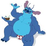  1:1 2021 3_toes 4_arms alien antennae_(anatomy) anthro belly bendy_straw beverage biceps blue_body blue_claws blue_fur blue_nose claws clothing coconut coconut_drink dipstick_antennae disney drupe_(fruit) experiment_(lilo_and_stitch) feet food fruit fur gesture hi_res lilo_and_stitch male mehthejira multi_arm multi_limb multicolored_antennae musclegut nipples pecs plant shaka simple_background sitting solo speedo stitch_(lilo_and_stitch) straw swimwear toes white_background 