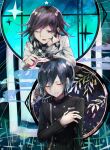  2boys :d ahoge bangs black_hair black_jacket checkered cheek_rest closed_eyes commentary_request danganronpa_(series) danganronpa_v3:_killing_harmony eyebrows_visible_through_hair foreshortening goto_(sep) grey_jacket hand_up highres holding jacket long_sleeves looking_at_another looking_down male_focus multicolored multicolored_background multiple_boys one_eye_closed open_mouth ouma_kokichi purple_eyes purple_hair saihara_shuuichi scarf shiny shiny_hair short_hair smile star_(symbol) star_print straitjacket striped striped_jacket sweatdrop upper_body vertical_stripes white_jacket 