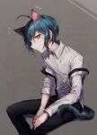  1boy ahoge animal_ears bangs black_footwear black_pants brown_background brown_eyes cat_boy cat_ears cat_tail closed_mouth collared_shirt commentary_request danganronpa_(series) danganronpa_v3:_killing_harmony feet_out_of_frame goto_(sep) gradient gradient_background grey_background invisible_chair long_sleeves looking_at_viewer male_focus pants saihara_shuuichi shirt short_hair simple_background sitting solo suspenders suspenders_slip tail white_shirt wing_collar 