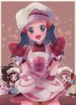  3girls :d alcremie apron black_hair blush buttons commentary_request dawn_(pokemon) dress eyelashes food frills fruit gen_5_pokemon gen_8_pokemon grey_headwear hair_ornament hairclip hat head_tilt highres hilda_(pokemon) long_hair looking_at_viewer mittens mixing_bowl multiple_girls ohds101 open_mouth pokemon pokemon_(creature) pokemon_(game) pokemon_masters_ex red_dress red_mittens serena_(pokemon) smile strawberry tongue whimsicott whisk 