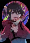  1girl :d bangs black_hair blood bloody_hands bloody_knife blue_eyes commentary_request eyebrows_visible_through_hair hair_between_eyes hair_ornament hairclip heterochromia highres holding holding_knife hood hood_down hooded_jacket jacket kayanogura knife long_sleeves looking_at_viewer open_mouth original piercing red_eyes red_jacket sharp_teeth smile solo teeth tongue tongue_out tongue_piercing two_side_up yandere 