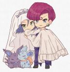  1boy 1girl bridal_veil carrying crossdressing dress gen_1_pokemon highres hutao_poke james_(pokemon) jessie_(pokemon) nidoran nidoran_(female) nidoran_(male) pokemon pokemon_(anime) team_rocket veil wedding wedding_dress 