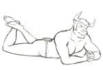  anthro asian_clothing barefoot black_and_white blush bovid bovine butt clothing east_asian_clothing fundoshi japanese_clothing ketch lying male mammal monochrome simple_background smile solo thegreatmatsutzu underwear white_background 