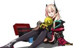  1girl black_legwear black_shorts blonde_hair cloth eyebrows_visible_through_hair fang girls_frontline headgear highres jacket long_hair m4_sopmod_ii_(girls_frontline) mechanical_arm megaphone mod3_(girls_frontline) multicolored_hair open_mouth pink_hair prosthesis prosthetic_arm red_eyes ro635_(dinergate) shadow shorts simple_background sitting streaked_hair thighhighs white_background yotubawatane 