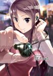  1girl absurdres bangs brown_eyes brown_hair dress earbuds earphones highres holding long_hair looking_at_viewer mole mole_under_mouth musical_note original single_earphone_removed smile solo standing wadapen wireless_earphones 