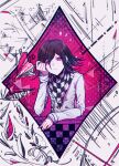  1boy bangs black_hair checkered checkered_floor checkered_neckwear checkered_scarf commentary_request danganronpa_(series) danganronpa_v3:_killing_harmony double-breasted frown goto_(sep) hair_between_eyes hand_up highres jacket long_sleeves looking_at_viewer looking_back male_focus multicolored_hair ouma_kokichi purple_eyes purple_hair scarf solo star_(symbol) star_print two-tone_hair upper_body white_jacket 