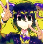  1girl amaneryuusei bangs black_eyes black_hair bow bowtie closed_mouth curled_horns double_v hair_between_eyes highres horns jacket long_sleeves looking_at_viewer original purple_neckwear solo upper_body v yellow_background 