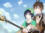  2boys bangs black_gloves black_hair blue_hair blurry blurry_background blurry_foreground bow braid brown_hair cape cloud cloudy_sky collar day earrings eyebrows_visible_through_hair flower formal frilled_sleeves frills gem genshin_impact gloves gradient_hair green_eyes green_headwear hair_between_eyes hair_flower hair_ornament hanayuuu1 hat highres holding holding_polearm holding_spear holding_weapon jacket jewelry long_hair long_sleeves male_focus multicolored_hair multiple_boys necktie open_mouth polearm ponytail ribbon single_earring sky spear suit tassel tassel_earrings twin_braids venti_(genshin_impact) weapon yellow_eyes zhongli_(genshin_impact) 