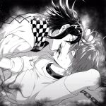  2boys arm_behind_head arm_up bangs biting_tongue blood chain chained checkered checkered_scarf collar collarbone commentary_request danganronpa_(series) danganronpa_v3:_killing_harmony fangs from_side greyscale hair_grab halftone highres long_sleeves looking_at_another male_focus metal_collar momota_kaito monochrome multiple_boys nanin open_mouth ouma_kokichi print_shirt scarf shirt short_hair upper_body yaoi 