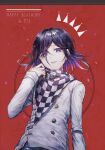  1boy bangs black_hair buttons checkered checkered_scarf commentary_request danganronpa_(series) danganronpa_v3:_killing_harmony dated double-breasted goto_(sep) hair_between_eyes hand_up happy_birthday highres jacket long_sleeves looking_at_viewer male_focus medium_hair ouma_kokichi purple_eyes purple_hair red_background scarf shiny shiny_hair smile solo straitjacket tongue tongue_out upper_body white_jacket 