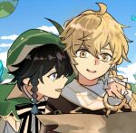  2boys aether_(genshin_impact) ahoge bangs black_hair blonde_hair blue_eyes blue_hair bow braid cloud cloudy_sky day eyebrows_visible_through_hair frilled_sleeves frills genshin_impact gradient_hair green_headwear hair_between_eyes hat holding holding_map kk_(kkgame7733) leaf long_hair long_sleeves male_focus map multicolored_hair multiple_boys open_mouth pointing ribbon scarf simple_background sky smile venti_(genshin_impact) yellow_eyes 