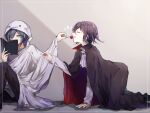  2boys all_fours bangs black_cape black_hair black_pants blue_hair book candy cape closed_eyes commentary_request danganronpa_(series) danganronpa_v3:_killing_harmony food from_side ghost_costume goto_(sep) grey_background holding hood jewelry knee_up long_sleeves male_focus multiple_boys ouma_kokichi pants profile purple_hair red_cape saihara_shuuichi shiny shiny_hair short_hair sitting smile two-sided_fabric 