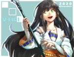  1girl 2020 :d black_hair blue_background border bridal_gauntlets character_name collarbone commentary_request dated detached_sleeves dress gensou_suikoden gensou_suikoden_ii gloves green_eyes highres holding holding_staff ikunosake jewelry long_hair necklace open_mouth smile solo staff twitter_username very_long_hair viki_(suikoden) white_border white_dress white_gloves white_sleeves 