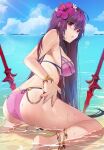  1girl alternate_costume anklet ass bikini blue_sky bracelet breasts cloud damda fate/grand_order fate_(series) flower hair_flower hair_intakes hair_ornament hibiscus horizon jewelry large_breasts long_hair looking_back ocean outdoors partially_submerged pink_bikini purple_bikini purple_hair red_eyes scathach_(fate)_(all) scathach_(swimsuit_assassin)_(fate) sky solo swimsuit 