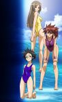  3girls aika_(series) aika_zero ass ass_visible_through_thighs bare_legs bare_shoulders barefoot black_hair blonde_hair blue_eyes blue_sky blue_swimsuit breasts cleavage closed_mouth collarbone covered_navel day earrings full_body green_eyes highres jewelry kneeling kneepits leaning_forward legs looking_at_viewer looking_back manami_(aika_zero) medium_breasts medium_hair misumi_(aika_zero) multiple_girls ocean official_art one-piece_swimsuit red_hair reiko_(aika_zero) screencap short_hair side_ponytail sky smile standing stitched swimsuit thighs third-party_edit water wristband yamauchi_noriyasu 